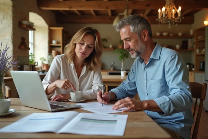 Couple examinant un contrat d'assurance accidents domestiques à leur table dans une maison de campagne française