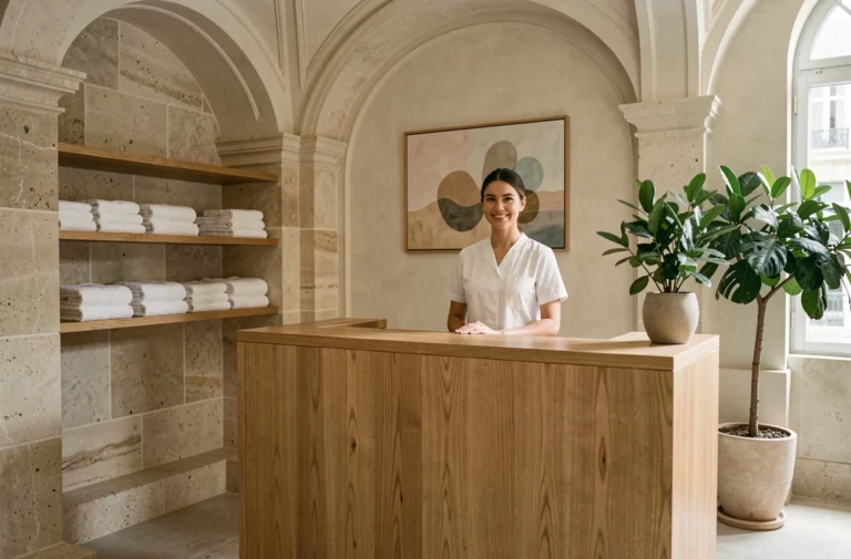 Réception d'un spa de bien-être parisien avec décoration zen et sereine pour massage thérapeutique