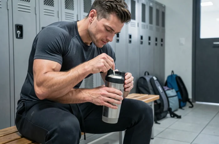 Athlète masculin préparant une boisson protéinée dans un vestiaire de salle de sport après l'effort