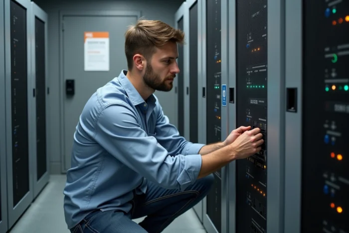 Technicien informatique vérifiant la sécurité d'un serveur en EHPAD pour garantir la protection des données personnelles des résidents conformément au RGPD