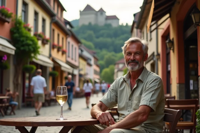 Homme attablé en terrasse d'un café à Vianden avec le château médiéval perché sur la colline boisée en arrière-plan