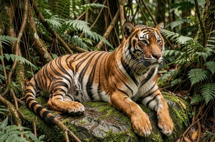 Tigre du Bengale majestueux au repos sur un rocher moussu dans une jungle dense et verdoyante
