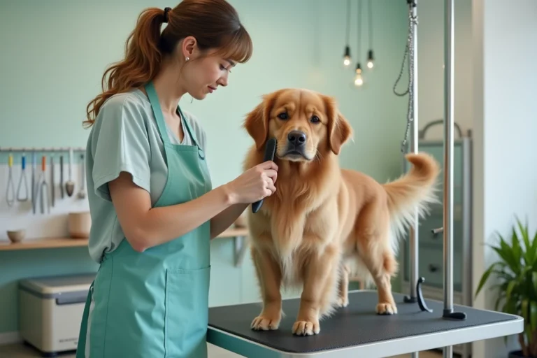 Toiletteuse professionnelle brossant un golden retriever sur une table de toilettage dans un salon canin moderne