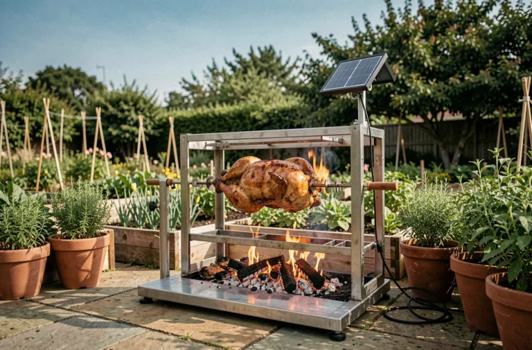 Tourne-broche solaire avec poulet rôtissant sur braises dans un jardin écologique avec potager et dalles en pierre naturelle