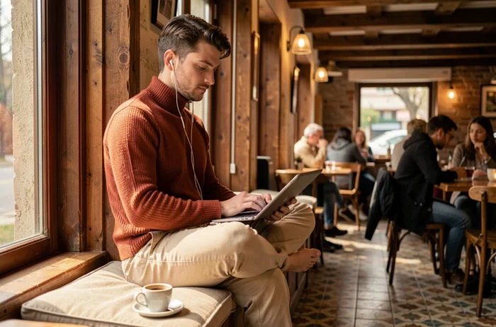 Jeune professionnel indépendant travaillant seul dans un café chaleureux, illustrant l'épanouissement en métier autonome
