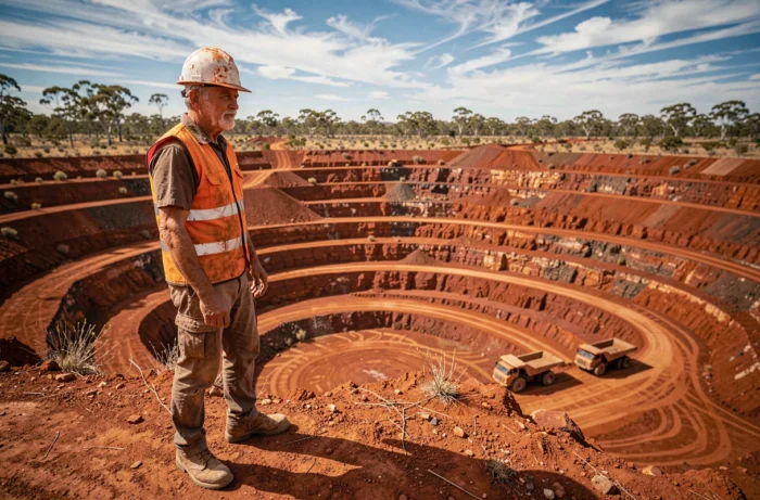 Mineur australien en gilet haute visibilité contemplant une mine à ciel ouvert dans l'outback australien, paysage de latérite rouge
