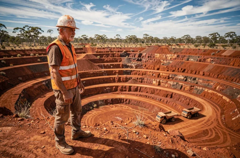 Mineur australien en gilet haute visibilité contemplant une mine à ciel ouvert dans l'outback australien, paysage de latérite rouge