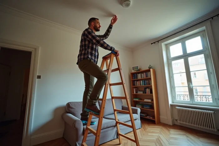Homme sur un escabeau réalisant des travaux d'entretien à domicile dans un salon français